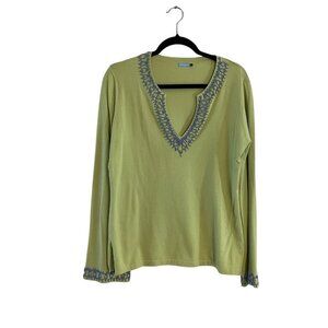 J.McLaughlin Women L Green Knit Beaded Embellished Long Sleeve Pullover Sweater
